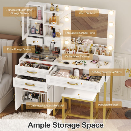 BTHFST Makeup Vanity Desk with Mirror and Lights & Charging Station & Makeup Stool, Vanity Table Set with Glass Top Storage Drawer & Beach & 3 Shelves for Bedroom (Modern White & Gold) BTHFST