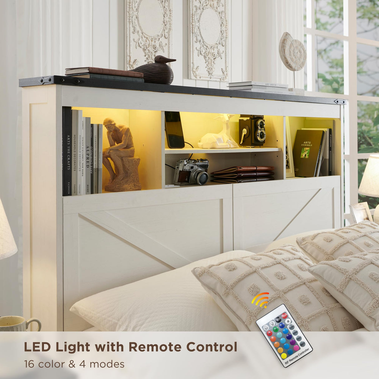 ACCOHOHO Farmhouse Full Size Wood Bed Frame with 52" Tall Storage Headboard and 4 Drawers,LED Light,Charging Station,Solid Wood Slats Support,Noiseless,No Box Spring Needed,Antique White ACCOHOHO