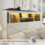 ACCOHOHO Farmhouse Full Size Wood Bed Frame with 52" Tall Storage Headboard and 4 Drawers,LED Light,Charging Station,Solid Wood Slats Support,Noiseless,No Box Spring Needed,Antique White ACCOHOHO