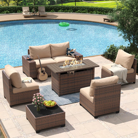 Aoxun 7 Piece Patio Furniture Set with Wide Armrests & 44” Fire Pit Table Wicker Rattan Outdoor Sectional Sofa Set with Coffee Table and Thickened Cushions, Brown/Beige(Waterproof Cover Included) Aoxun