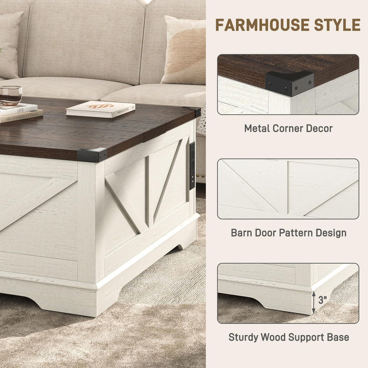 Hlivelood 40” Large Farmhouse Lift Top Coffee Table with Power Outlets and Large Hidden Storage, Square Wood Living Room Tables, Multi-Function Lift Wooden Barn Door Center Table, Rustic White Hlivelood