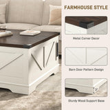 Hlivelood 40” Large Farmhouse Lift Top Coffee Table with Power Outlets and Large Hidden Storage, Square Wood Living Room Tables, Multi-Function Lift Wooden Barn Door Center Table, Rustic White Hlivelood