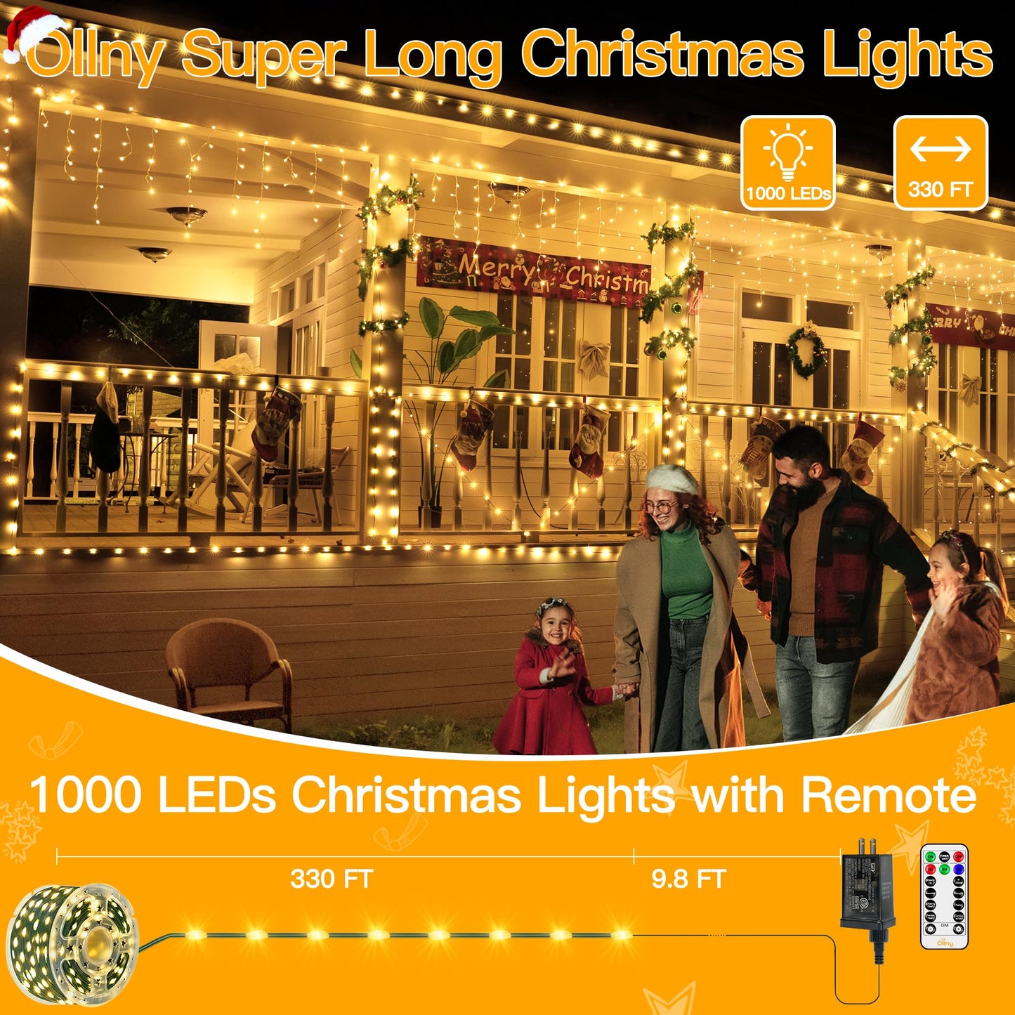 Ollny Christmas Lights 1000 LED 330 FT, IP67 Waterproof Plug in Christmas Tree Lights with Remote, 8 Modes, 3 Timers, Dimmable, House Xmas Indoor Decorations Outdoor Christmas Lights (Warm White)