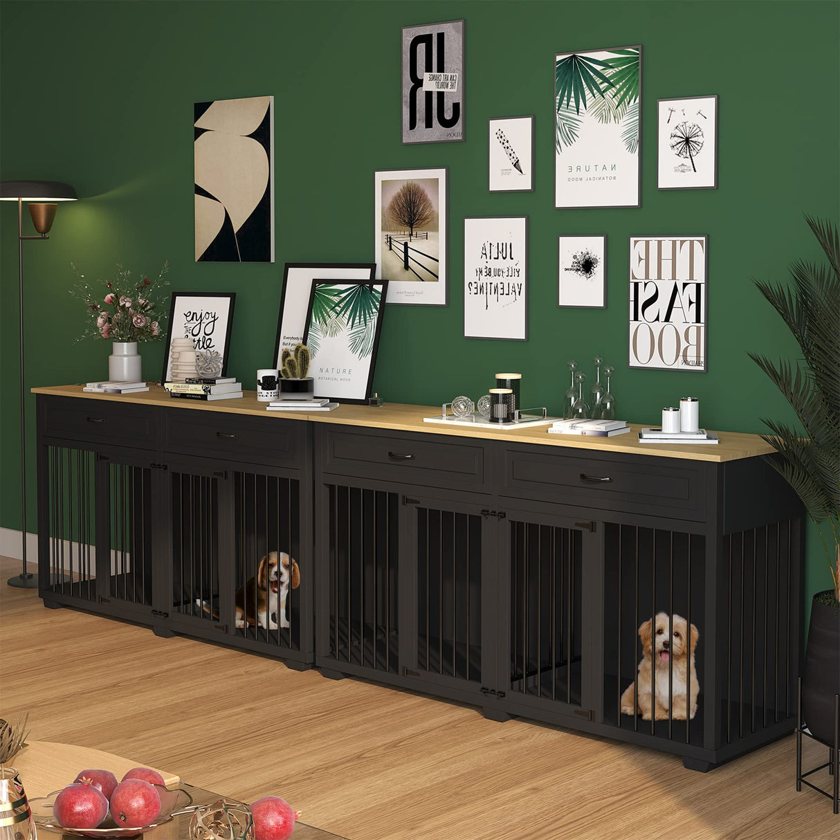Lovinouse Furniture Style Dog Crate with Double Room, Wooden Dog Kennel with Double Doors and Removable Divider, Dog House Side End Table for Small Medium Large X-Large Dogs(Black + Wood) Lovinouse