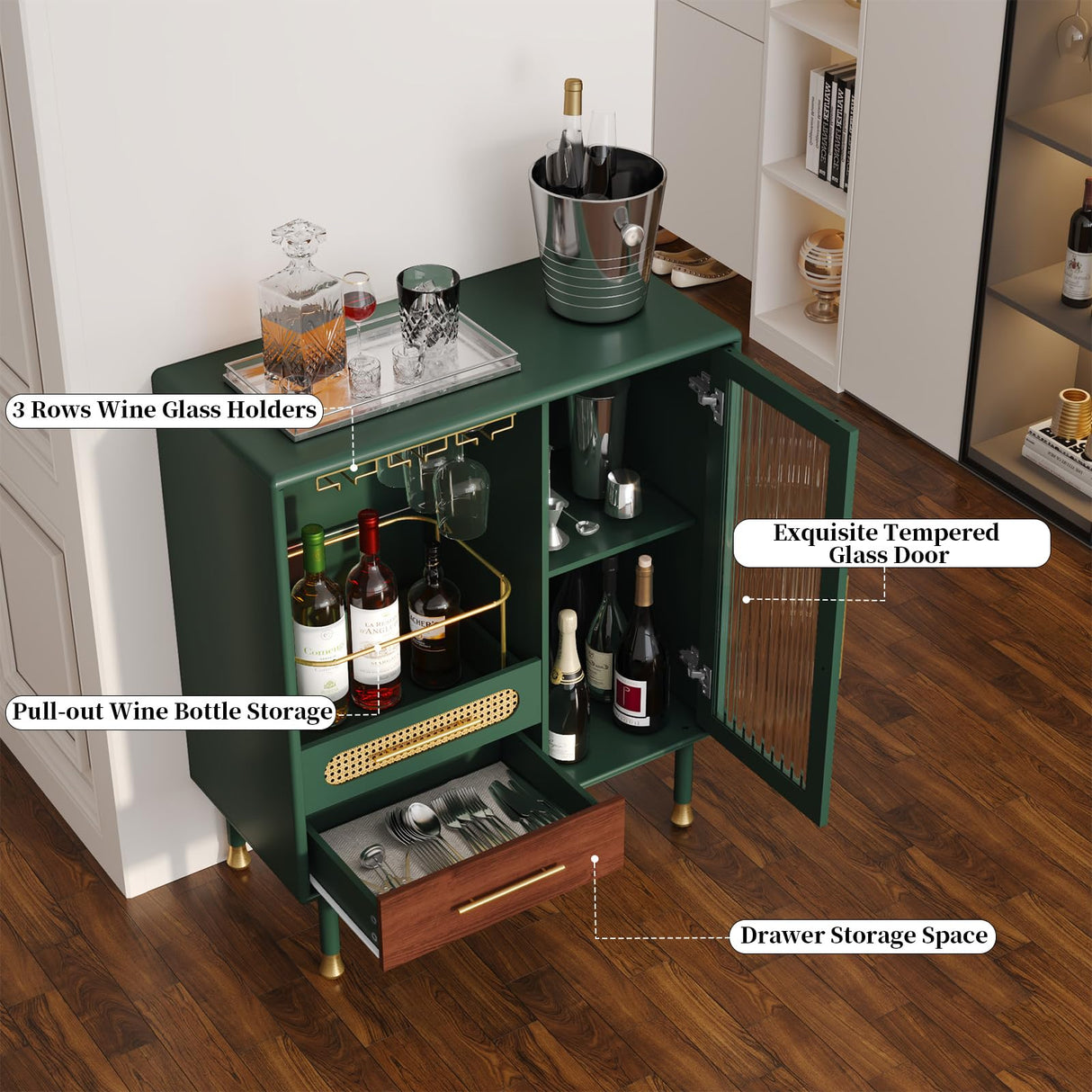 ARTPOWER Modern Coffee Bar Cabinet with Wine Glass Rack and Drawers, Green Liquor Cabinet with Pull-Out Wine Storage for Kitchen, Dining Room, Living Room ARTPOWER