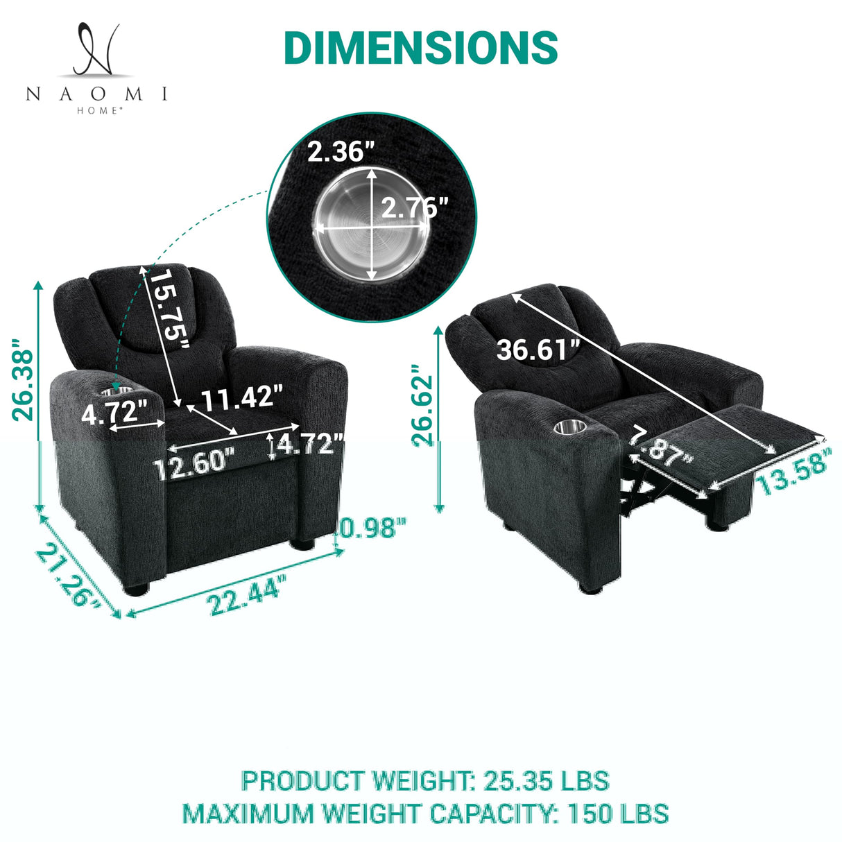 Naomi Home Suri Kids Recliner Chair with Cup Holder & Footrest, Black Chenille - Cozy Lounge for Toddlers & Children Naomi Home