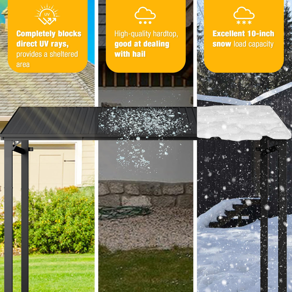 EBE 12' x 12' Hardtop Gazebo, Heavy Duty Lean to Metal Gazebos Outdoor Pergola, Wall Mounted Gazebo with Galvanized Steel, Patio Roof Awning for Patio, Deck, Backyard EBE