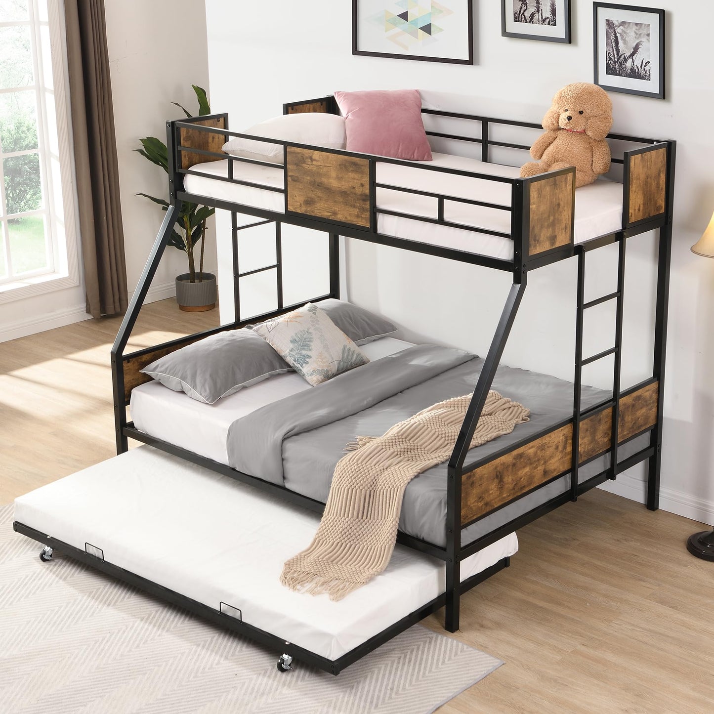 Rophefx Twin Over Full Bunk Beds with Trundle, Heavy Duty Metal Bed Frame with Safety Rail 2 Side Ladders Triple Bunk Bed No Box Spring Needed Space-Saving, Black