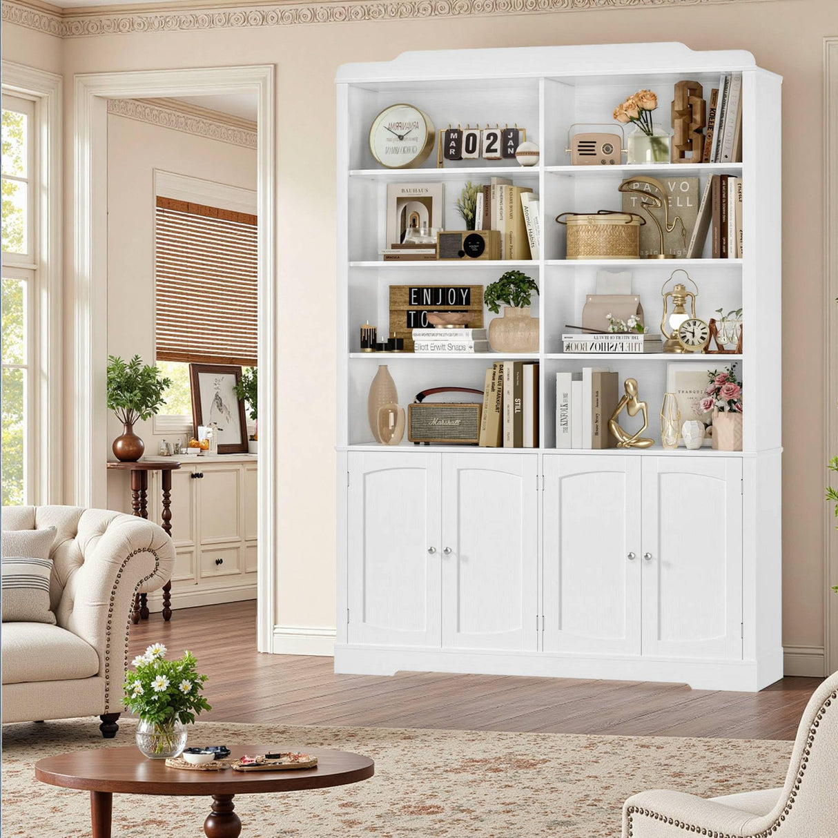 FACBOTALL 73.1" Tall Bookcase and Bookshelf, Wide Bookshelf with Doors and Adjustable Shelves, 6 Tier Large Bookshelf with Storage, Tall Storage Cabinet for Living Room, Home Office, White FACBOTALL