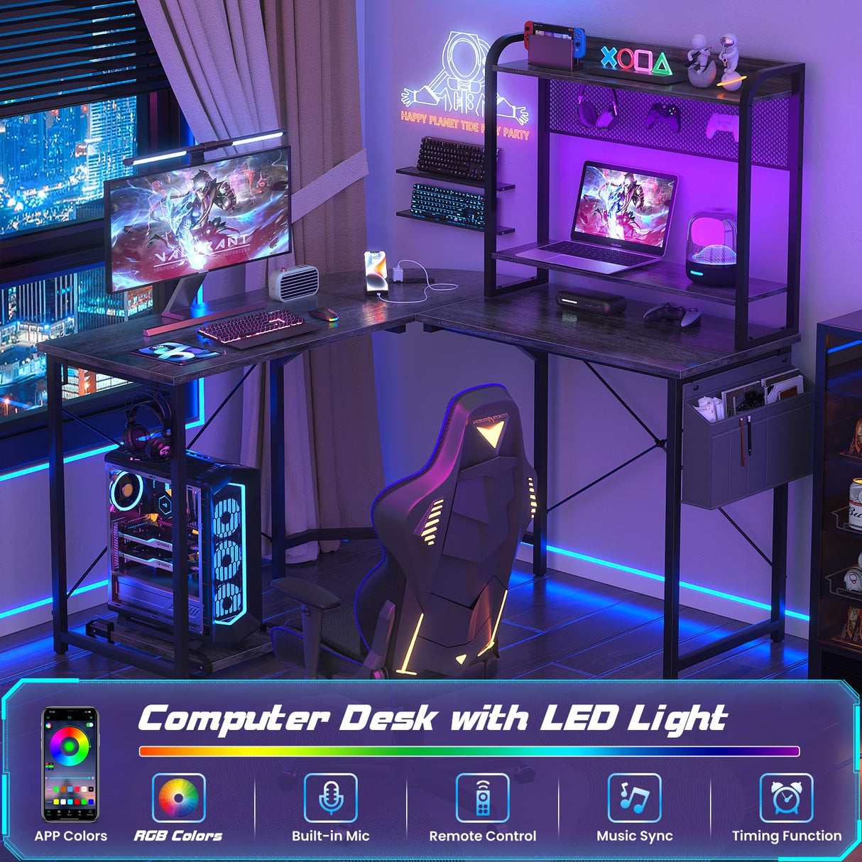 Small L Shaped Gaming Desk with Power Outlets, Corner Gaming Desk with LED Light, Reversible L-Shaped Desk with Monitor Stand & Hutch, L Shaped Desk Home Office Desk with Storage Bag, Grey Besiost