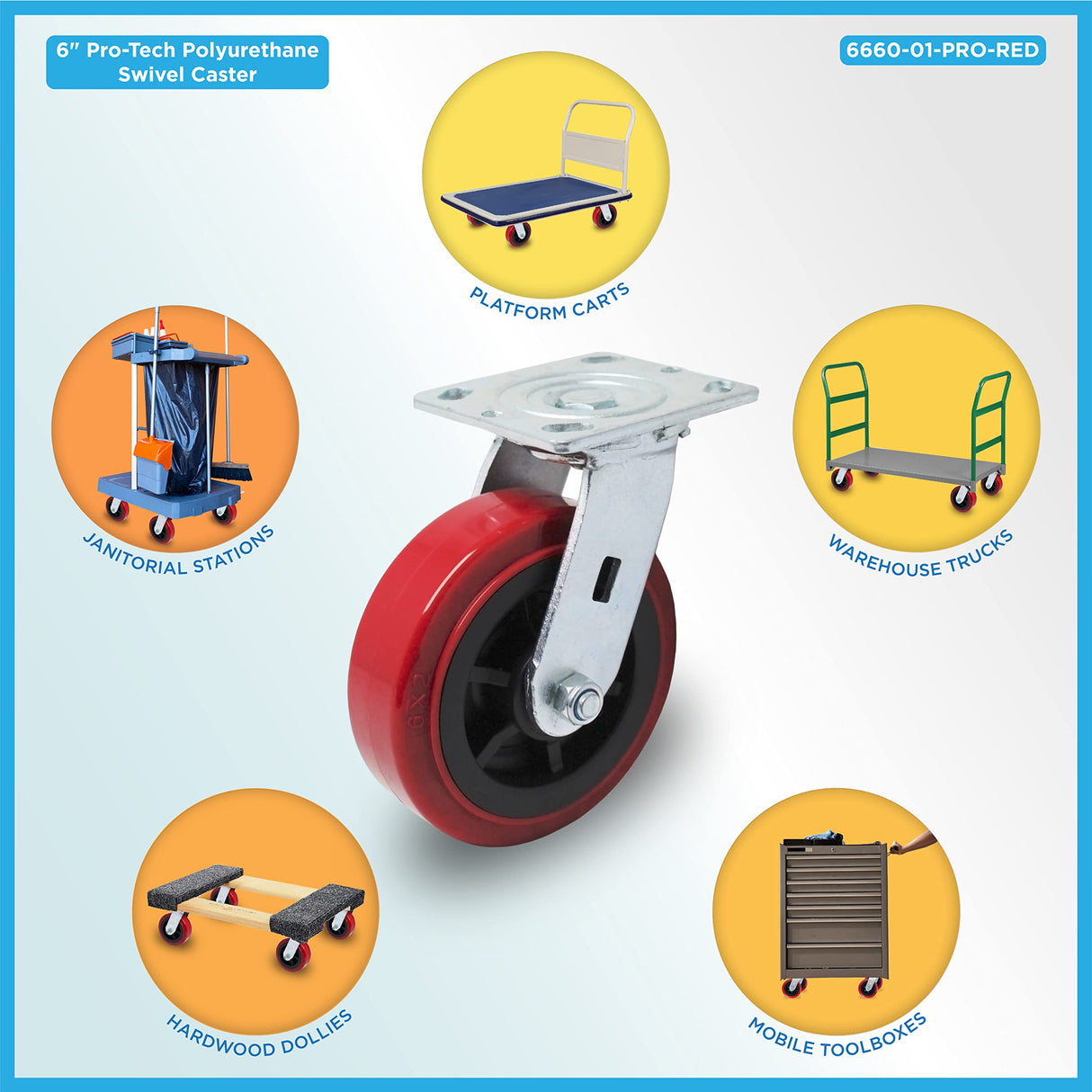 6 inch x 2 inch PRO-TECH Polyurethane Non-Marking Heavy Duty Swivel Casters, 3600 LBS Load Capacity, RED (4 Pack) - ICON 6660 Series ICONCASTERWHEELS