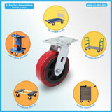 6 inch x 2 inch PRO-TECH Polyurethane Non-Marking Heavy Duty Swivel Casters, 3600 LBS Load Capacity, RED (4 Pack) - ICON 6660 Series ICONCASTERWHEELS