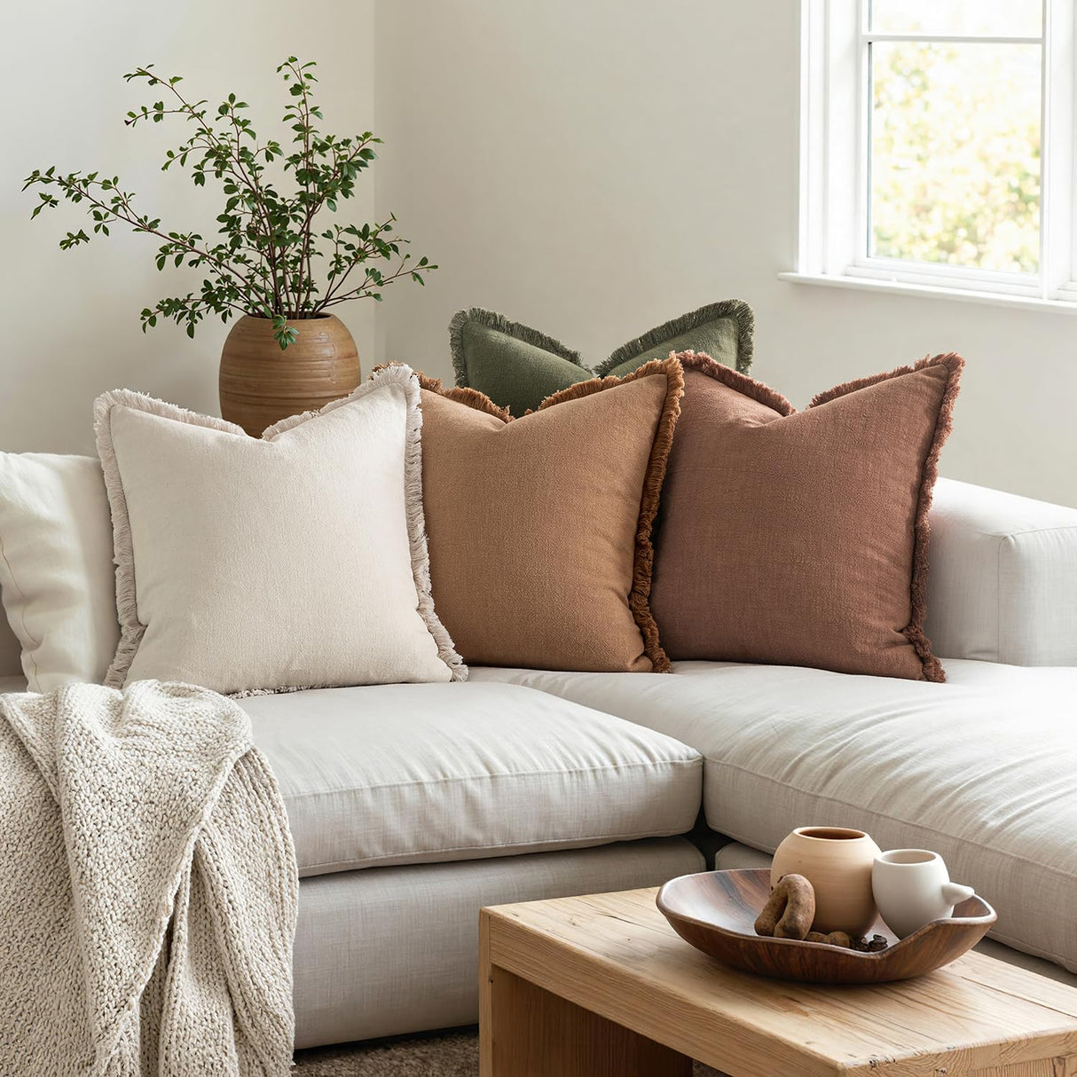 MIULEE Decorative Couch Pillow Covers Neutral Linen Fringe Throw Pillows Set of 4 Soft Rustic Cushions Boho Farmhouse Pillowcases for Bed Sofa Living Room Home Decor 18x18 Inch Beige/Brown/Green MIULEE