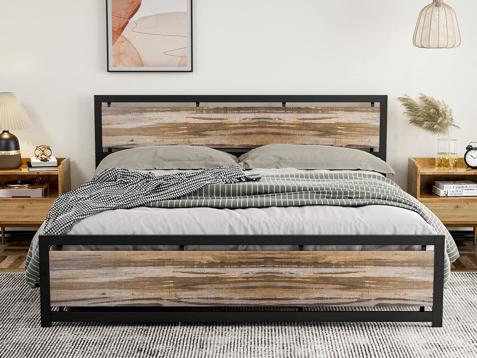 IKIFLY California King Size Industrial Metal Bed Frame with Wooden Headboard and Footboard - WoodArtSupply