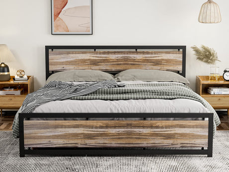 IKIFLY California King Size Industrial Metal Bed Frame with Wooden Headboard and Footboard IKIFLY
