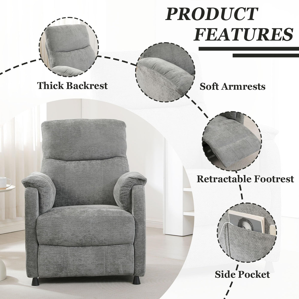 Electric Nursery Recliner Chair with Remote Control, Blue Power Recliner Chairs with Side Pockets. Small RecinerChairs for Adults, Mini Reclining Chair for Bedroom Living Room (Grey) HRVEOCEI