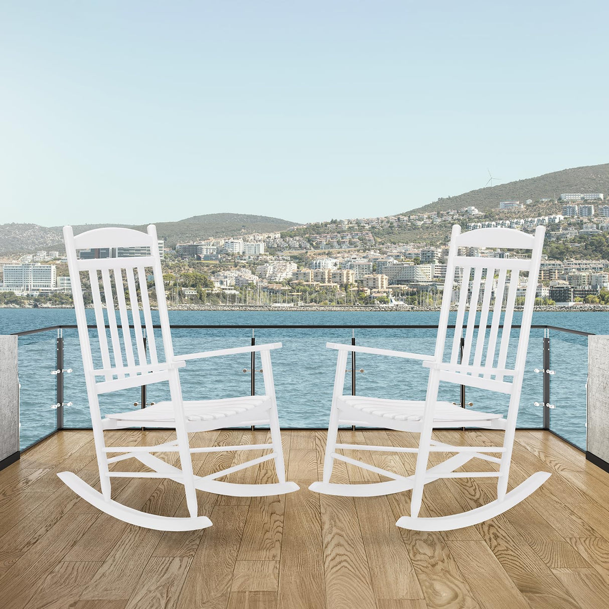 MAMIZO Soild Wood Outdoor Rocking Chair with High Back, Porch Rocking Chairs Oversized Easy to Assemble for Porch Garden, Lawn, Balcony, Backyard, Wooden Rocking Chair Outdoor and Indoor (White) MAMIZO