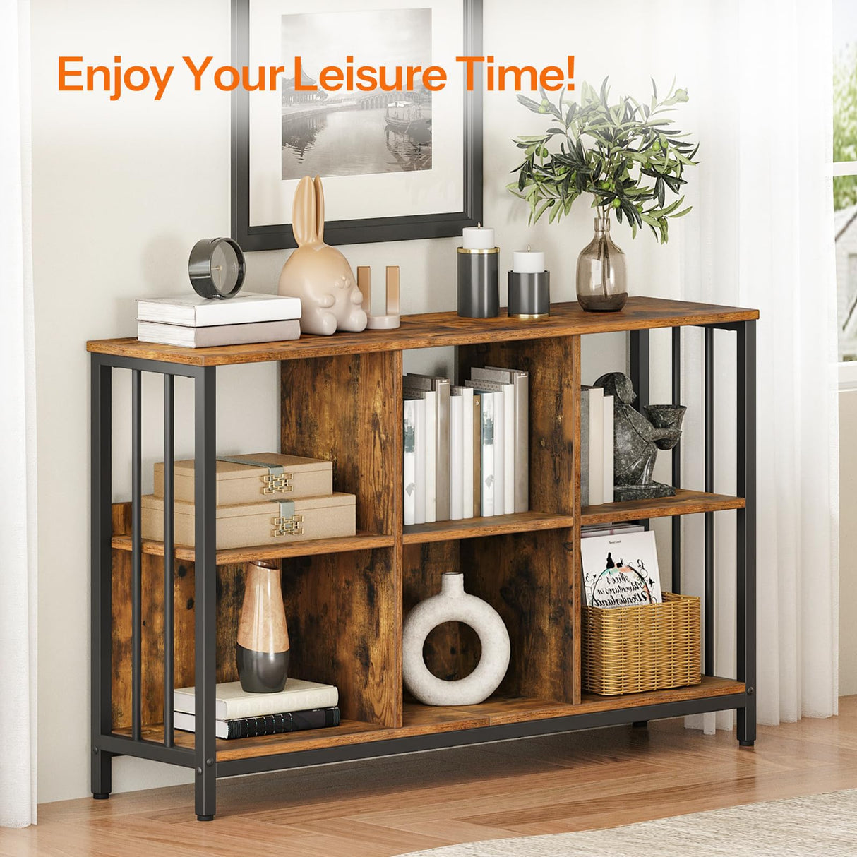 HOOBRO 6 Cube Bookcase, Industrial Horizontal Bookshelf, Wooden and Metal Cubby Bookcase, Long Shelving Unit for Living Room, Bedroom, Home Office, Rustic Brown and Black BF117SJ01 HOOBRO