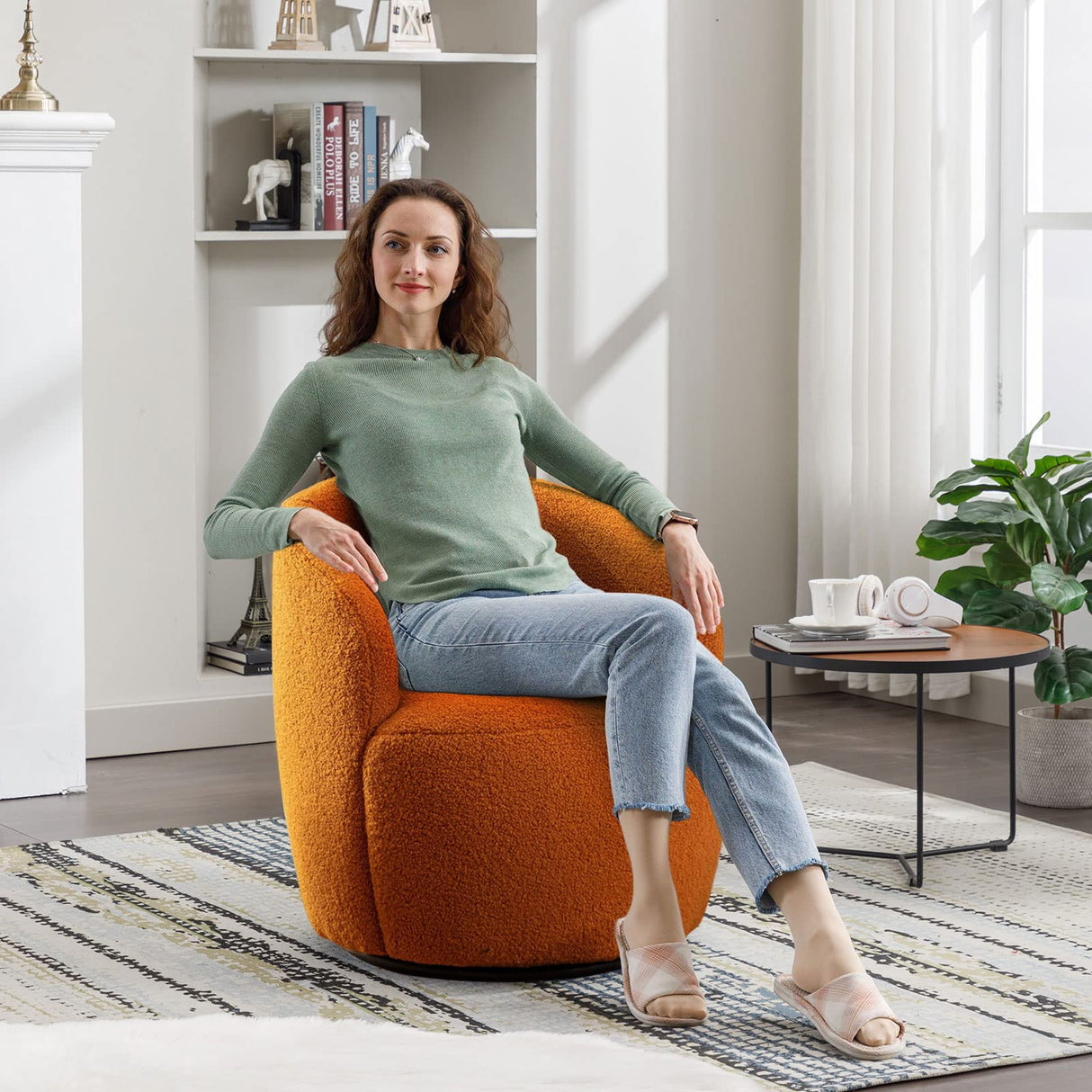KIVENJAJA Swivel Barrel Chair, Teddy Sherpa Upholstered Modern Round Accent Arm Chairs, 360 Degree Swivel Small Single Sofa Armchair for Nursery Living Room Bedroom (Teddy, Orange) KIVENJAJA