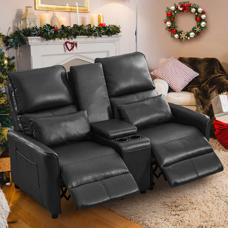 Loveseat Recliner Sofa, Push Back Double Wall Hugger Reclining Sofa Chair with Console, 2 Seat Leather Home Theater Seating with Cup Holder, Manual Comfy RV Furniture Sofa for Living Room, Light Black SENIFIS
