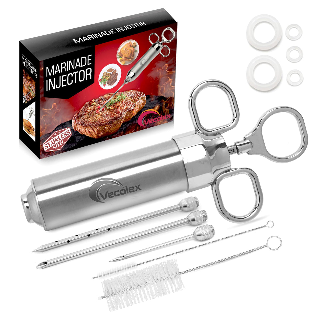 Vecolex 304 Stainless Steel Meat Injector Syringe-2 Oz Meat Injectors For Smoking with 3 Needles 3 Brushes-Spare O Rings-Food Injector for BBQ,Turkey & Brisket (Stainless Steel) Vecolex