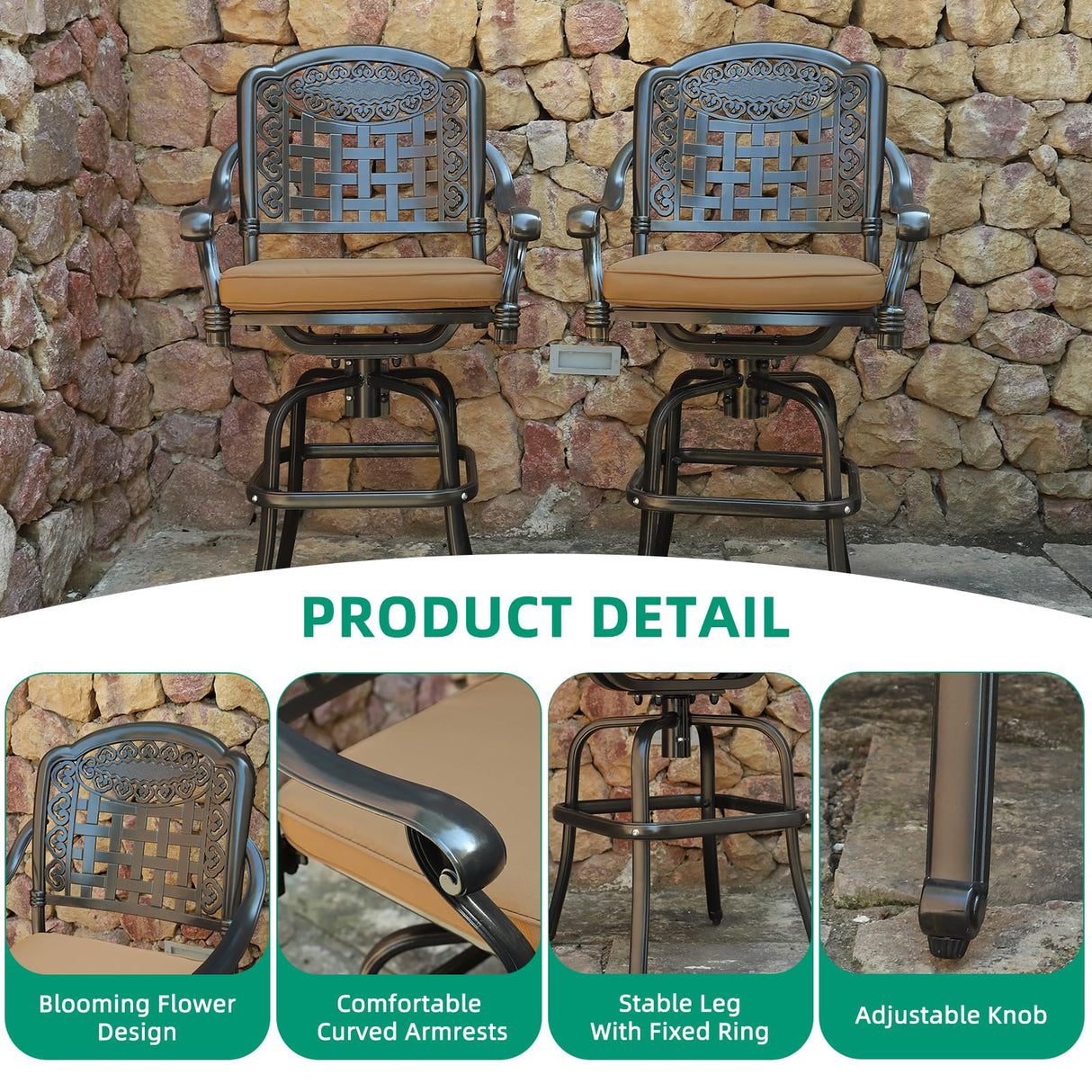 VIVIJASON 9-Piece High Patio Dining Set, Free-Rust Cast Aluminum Patio Bar Table and Chairs Set with 8 Swivel Bar Stools & 64" Bar Height Dining Table, Umbrella Hole for Backyard, Lawn, Garden VIVIJASON