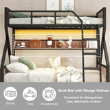 Twin Over Full Size Bunk Bed with Storage Shelves and LED Lights,Heavy Duty Adult Bunk Beds with Angled Ladder,Metal Bunk Bed Twin Over Full,Black Bellemave