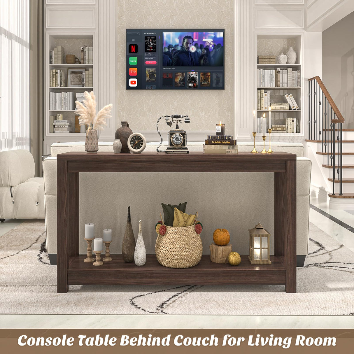 Besiost 47" Farmhouse Wood Entryway Table Narrow Console Table with Storage Behind Couch Sofa Table with Shelves Entry Way Tables with Open Storage, Easy Assembly, Black Walnut Besiost