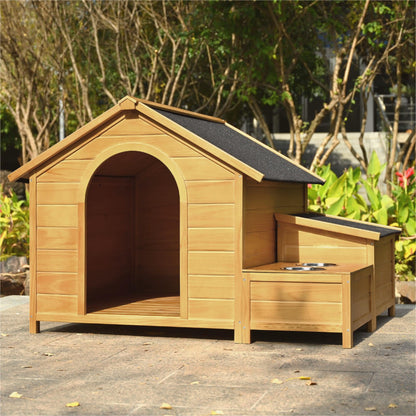 Merax 51.18" L x 43.7" W x 37" H Large Size Wooden Dog House, Dog Crate for Large Dog Breeds, Cabin Style Raised Dog Shelter with Asphalt Roof, Solid Wood, Weatherproof, Nature - WoodArtSupply