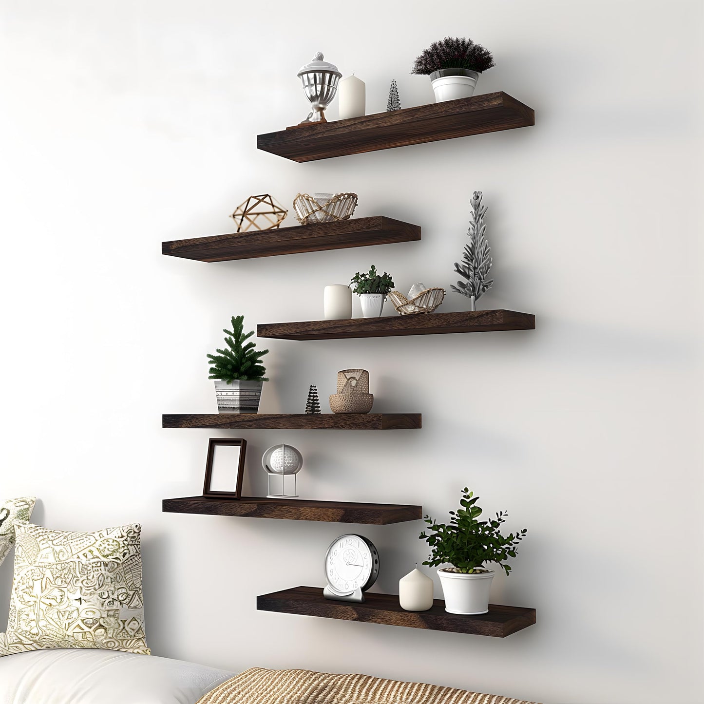 HXSWY Rustic Wood Floating Shelves for Wall Decor Farmhouse Wooden Wall Shelf for Bathroom Kitchen Bedroom Living Room Set of 6 Brown