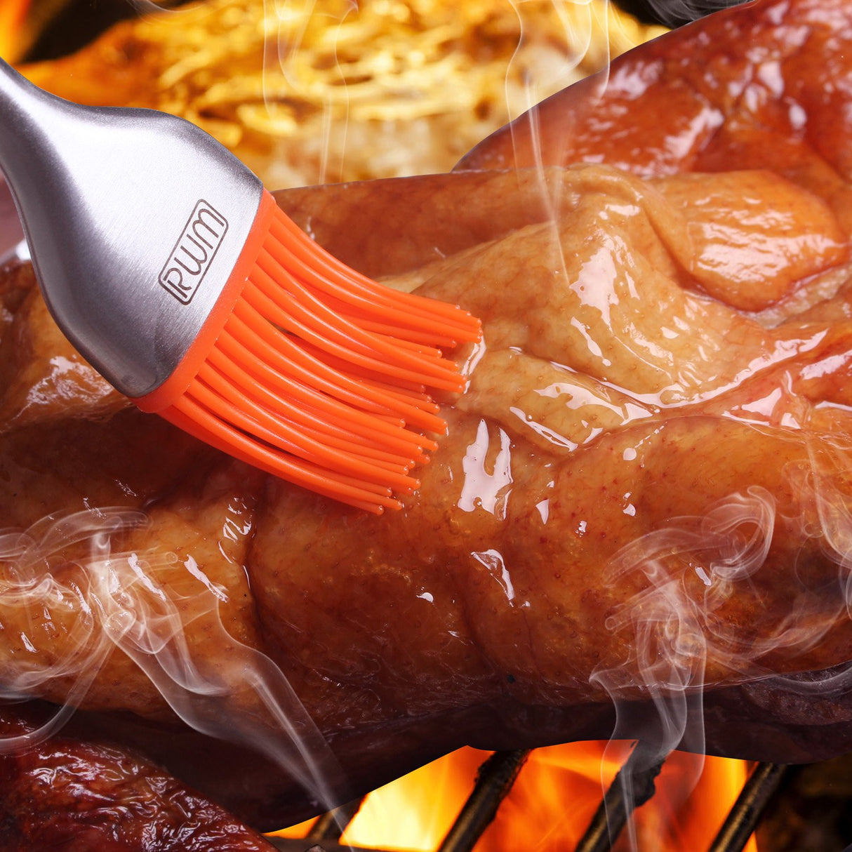 RWM Basting Brush - Grilling BBQ Baking, Pastry and Oil Stainless Steel Brushes with Back up Silicone Brush Heads(Orange) for Kitchen Cooking & Marinating, Dishwasher RWM