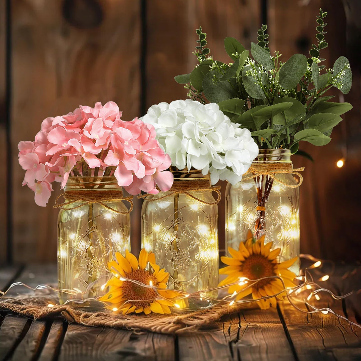 Lighted Mason Jar Centerpiece Set of 3 Eucalyptus Plant Decorative Jars Vase Farmhouse Table Decorations for Home Living Dining Room Wedding Christmas Thanksgiving Party ysnn
