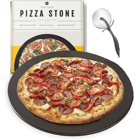 Heritage 15" Ceramic Pizza Stone Set - Non-Stick, Stain-Free with Bonus Cutter - Black Heritage Products