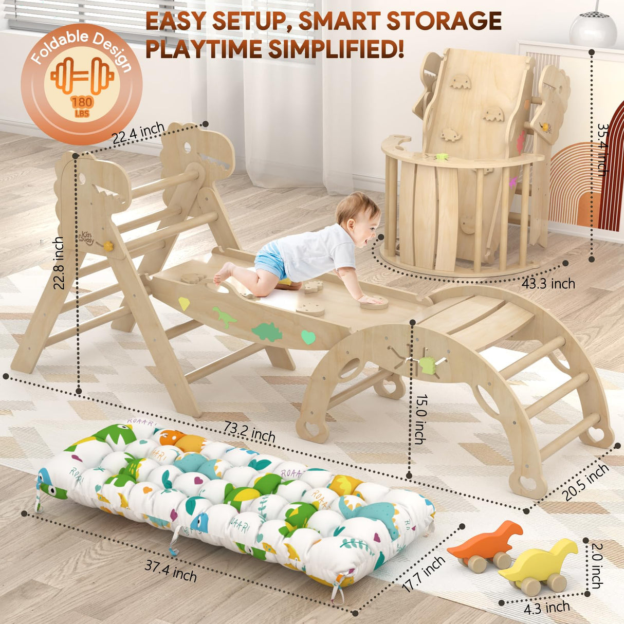 KidsBuddy Pikler Triangle Set with Cushion 9 in 1 Climbing Toys for Toddlers 1-3 Indoor Baby Climbing Gym Toddler Montessori Toys Wooden Climbing Toys with Maze Toys, Shape Sorting Toys, Dinosaur Car KidsBuddy