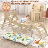 KidsBuddy Pikler Triangle Set with Cushion 9 in 1 Climbing Toys for Toddlers 1-3 Indoor Baby Climbing Gym Toddler Montessori Toys Wooden Climbing Toys with Maze Toys, Shape Sorting Toys, Dinosaur Car KidsBuddy