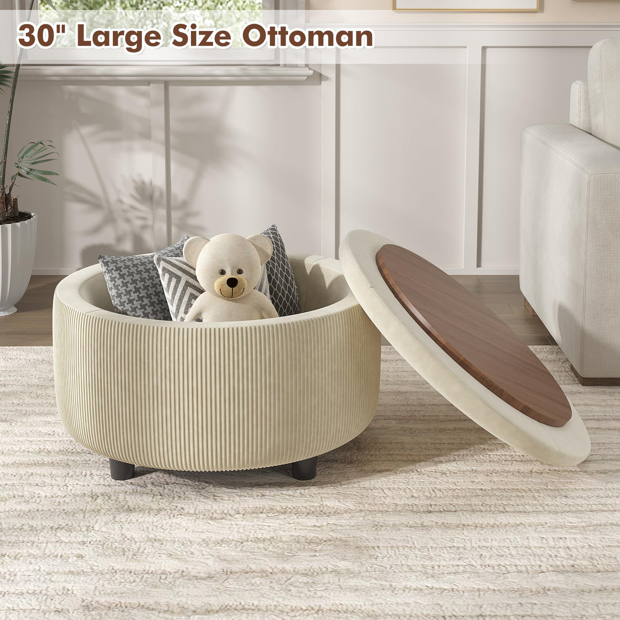Vabches 30inch Round Storage Ottoman with Hidden Storage, Modern Ottoman Coffee Table with Removable Wood Top, Upholstered Foot Stool for Living Room, Sofa Side, Bedroom, Office (Beige, 30" W) Vabches