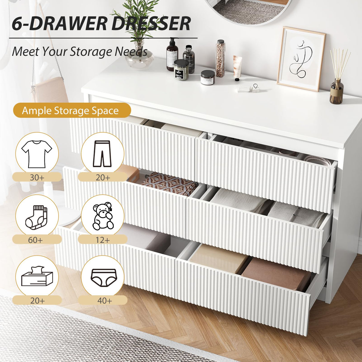 Jocoevol White Dresser 6 Drawer Dresser for Bedroom, Modern Fluted Dresser with Deep Drawers, Large Double Wooden Dresser Chest of Drawers for Living Room, Hallway, Entryway (White) Jocoevol