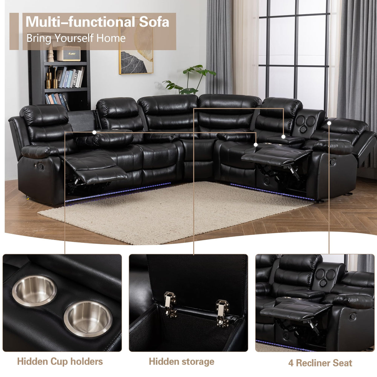 INSTORY 6-Seater Reclining Sofa Set, Faux Leather Living Room Set, Bluetooth Speakers, LED Lights, Drop Down Table, Cup Holders, USB Outlet, Storage Box (Black) INSTORY