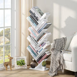 SHEEPAM 10 Tier Tree Book Shelf, Floor Standing Wood Bookshelf for Narrow Space, Storage Organizer Bookshelves for Books/CDs/Magazine, Bookcase with Shelves for Home Office, Living Room - White SHEEPAM