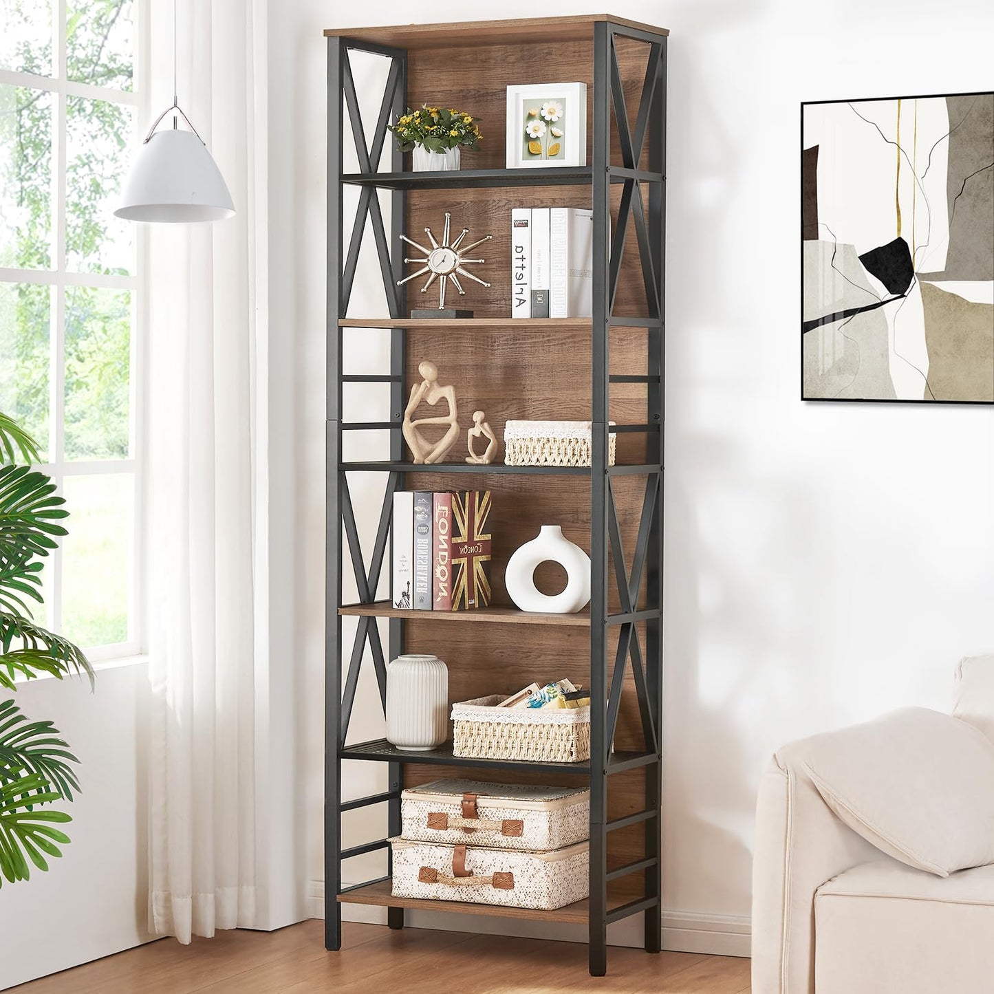 HOMISSUE 7-Tier Vintage Brown Industrial Bookshelf with Cabinet Design - WoodArtSupply