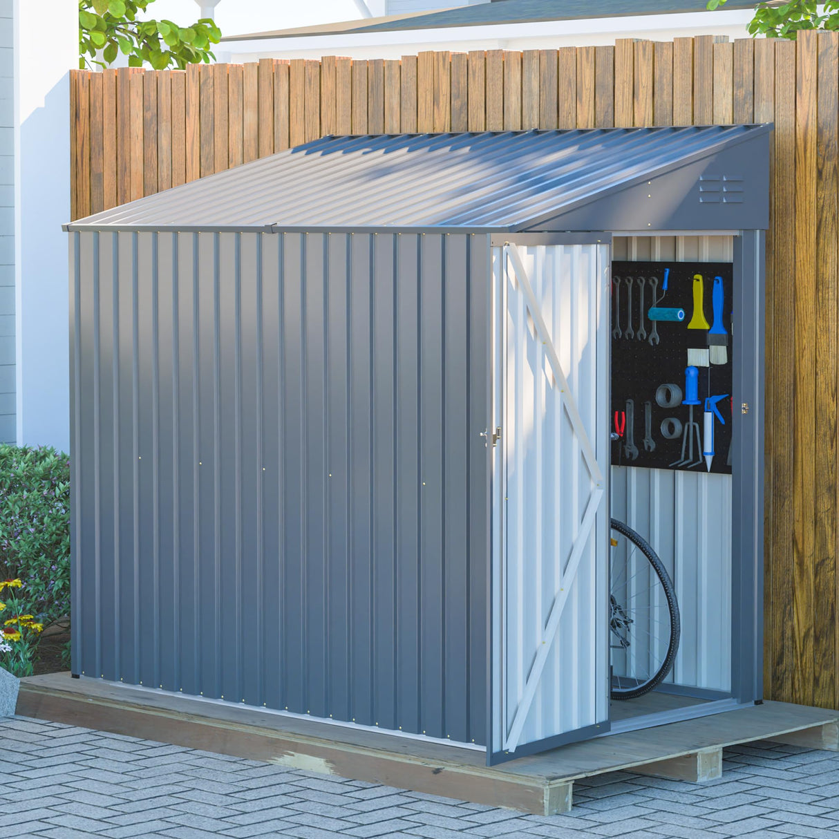 4x7 FT Lean-to Metal Storage Shed with Single Lockable Side Door, Sloping Roof Galvanized Steel Outdoor Tool Shed for Garden, Patio & Backyard Storage Mulinsonfly