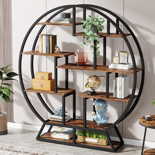 Tribesigns 63 Inch Rustic Brown Industrial Round Etagere Bookshelf with Staggered Shelves - WoodArtSupply