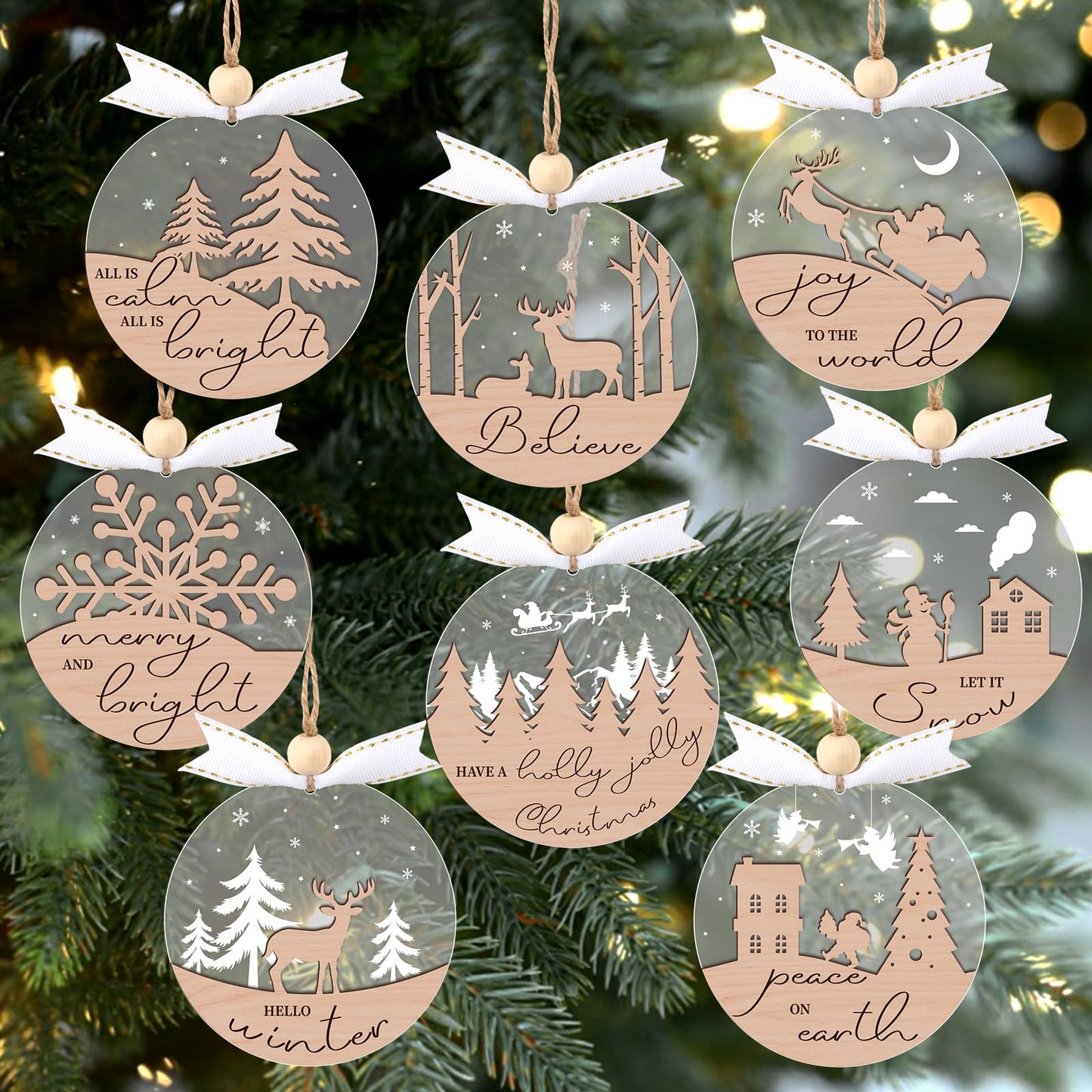 GuassLee 16pcs Winter Christmas Hanging Ornaments for Tree - 3D Wooden Acrylic Christmas Cutouts Reindeer Snowman Snowflake Ornaments for Christmas Tree Gifts Winter Party Supplies