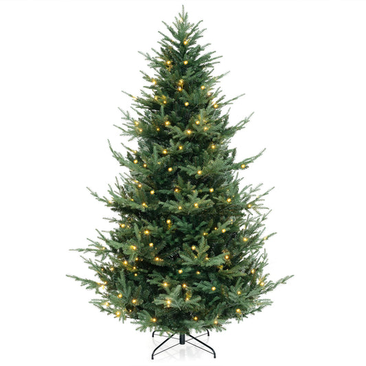 Goplus 8ft Pre-lit Artificial Christmas Tree, Faux Hinged Xmas Tree with 450 Warm White LED Lights, 1480 Branch Tips, PE & PVC Mixed Leaves, for Holiday Home Office Decoration