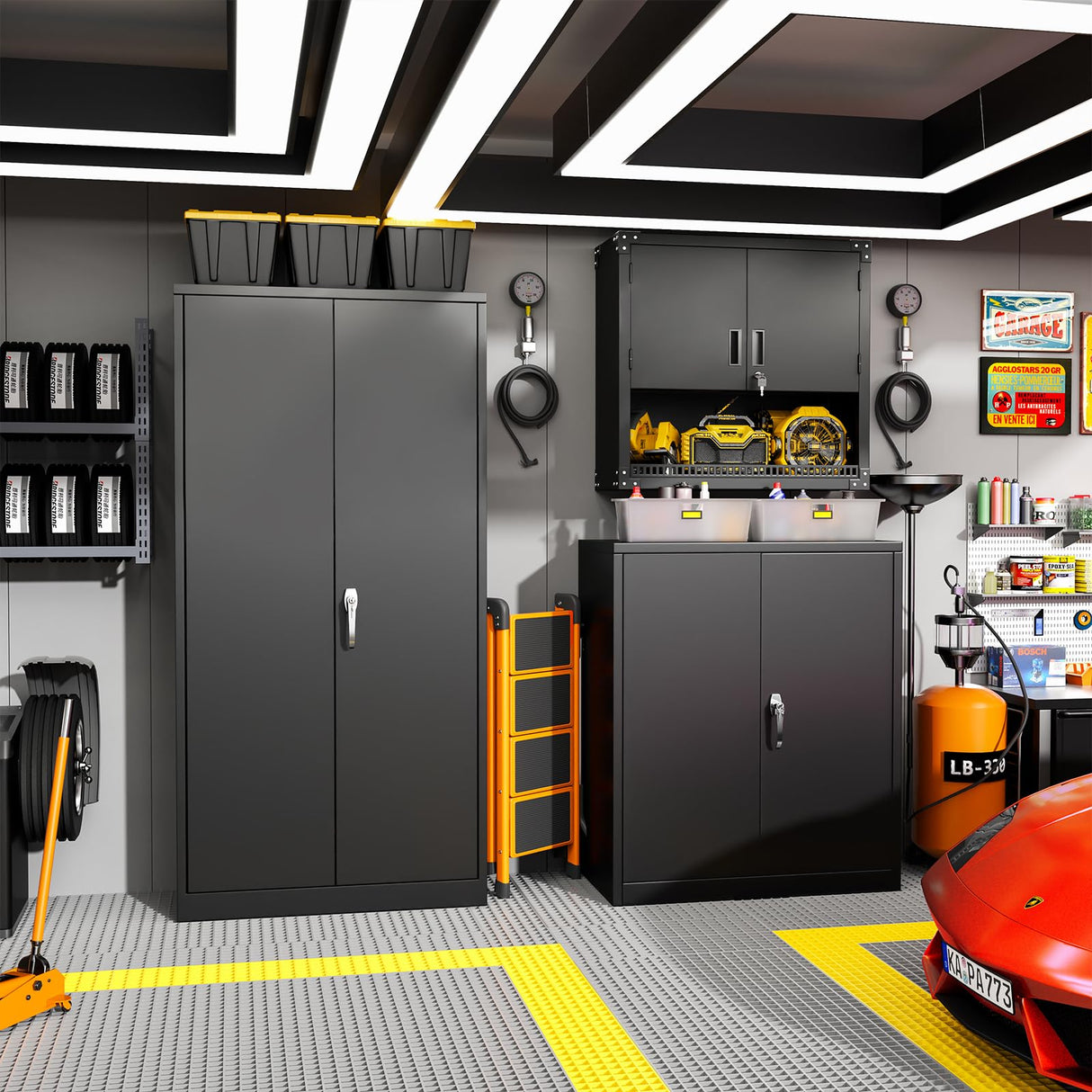 Greenvelly Metal Wall Cabinet with Locking Door, Black Wall Mounted Metal Storage Cabinet with Pegboard and Adjustable Shelf, Steel Tool Cabinet for Garage, Basement, Kitchen, Warehouse Greenvelly