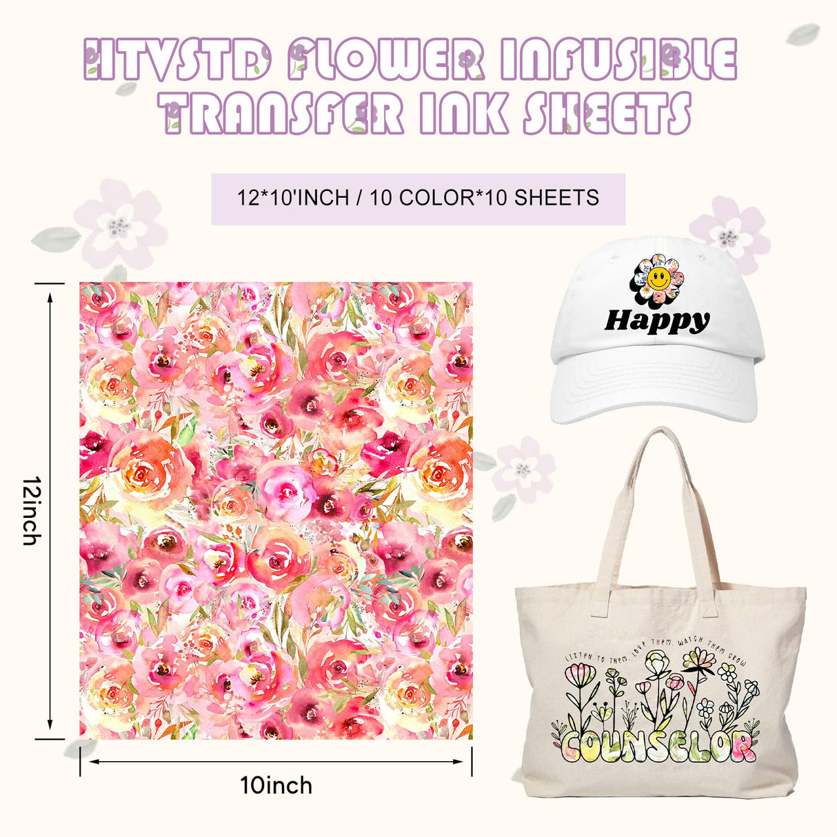 HTVSTD Floral Sublimation Transfer Ink Paper 10 Sheets 12inches * 10inches Watercolor Sublimation Paper Flower Transfer Sheets for Mugs Tumblers DIY HTVSTD