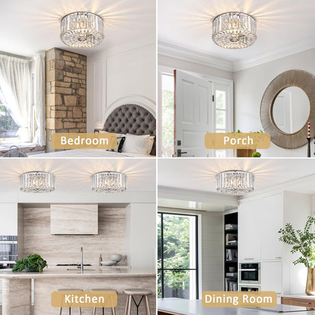pasentel Farmhouse Crystal Round Flush Mount Modern Close to Ceiling Light Fixture, Drum Shade Ceiling Lights 2-Light Ceiling Lamp for Kitchen Island Dinning Room Bedroom Hallway, XDD007-2-CH pasentel