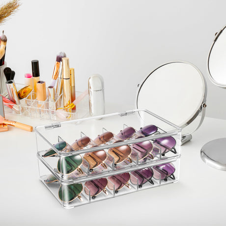 Sorbus Sunglasses Organizer - Plastic Stackable Eyeglass Case Storage Organizer for Multiple Glasses - Reading Glasses, Sunglass Holder with Hinged Lid for Eyewear Display Includes 5 Sections (2 Pack) Sorbus