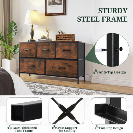 5-Drawer Dresser for Bedroom, Anti-Tip Wide Storage Organizer Fabric Chest of Drawers TV Stand for 45" TV with Wooden Top and Metal Frame for Closet, Living Room, Hallway, Entryway, Brown SageNest