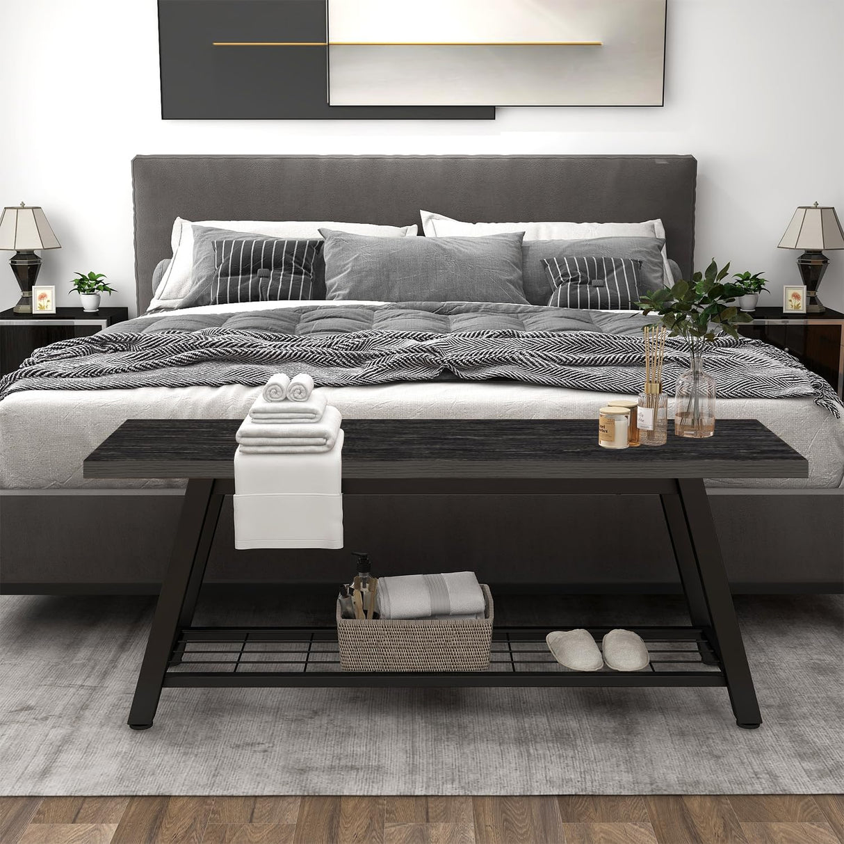 Oastreeful Industrial Entryway Bench Rustic Wood and Metal Storage Bench for Indoor Living Dining Room Bedroom Long Shoe Benches Seat (Charcoal Black) Oastreeful